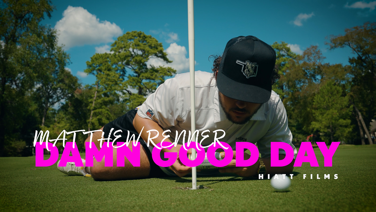 Music video thumbnail showing artist lining up golf putt outdoors filmed by Hiatt Films