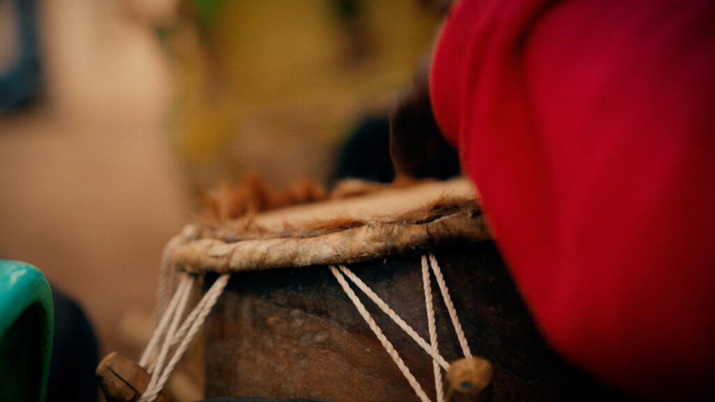 Close-up cinematic shot of a traditional drum with rope tensioning, filmed by Hiatt Films